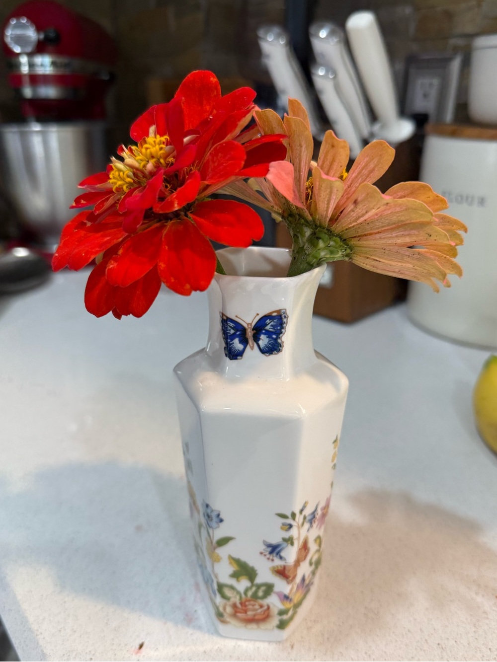 Aynsley Vintage Cottage Garden Butterfly Floral Vase - White with Blue Accent